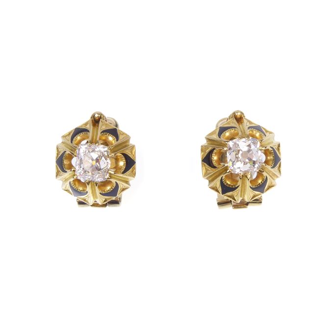 Pair of single stone old mine cut diamond, gold and enamel earrings | MasterArt
